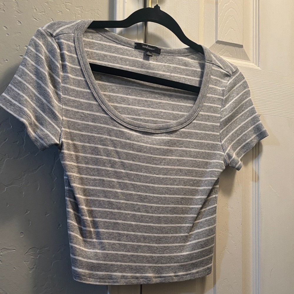Ambiance Gray and White Striped Short Sleeve Top